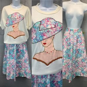 80s 2 piece Pastel Floral Skirt Statement Piece Appliqué New Wave Barbiecore B1